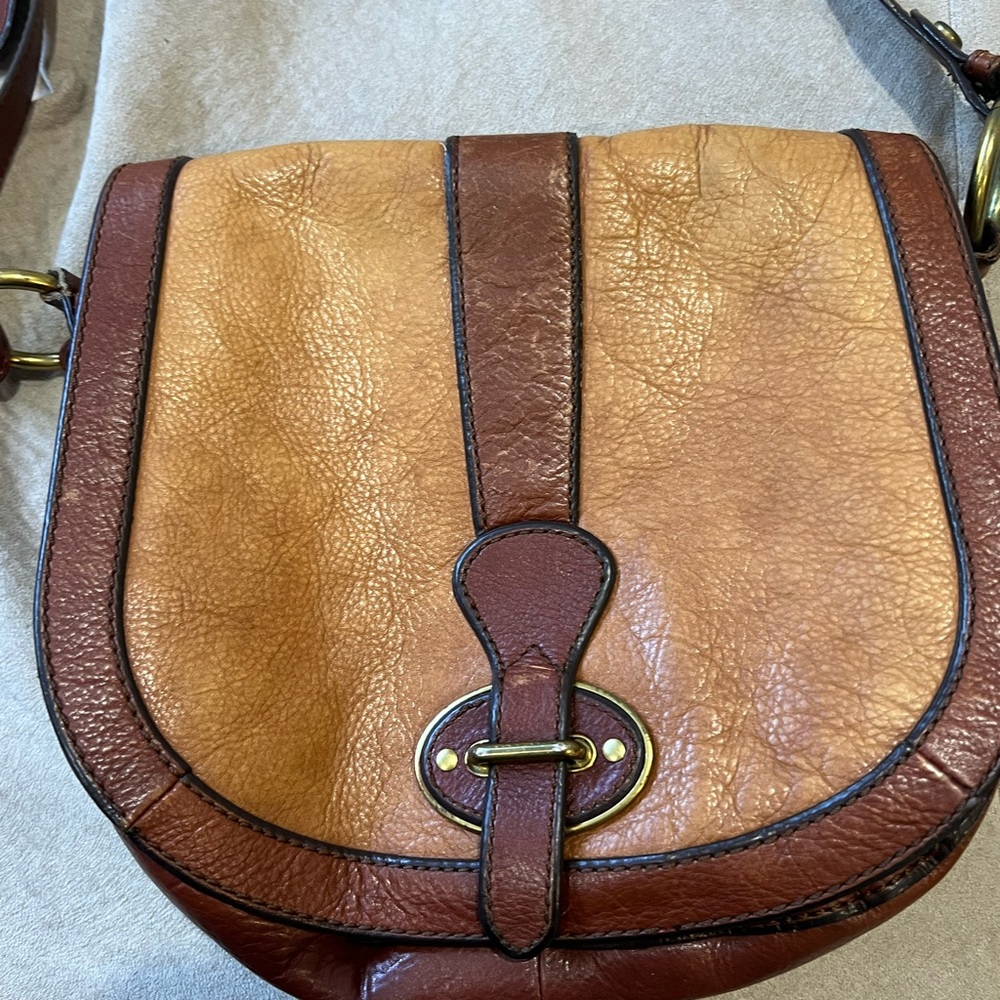 Fossil Two Ton Tan and Brown Leather Crossbody Messenger Shoulder Purse Bag